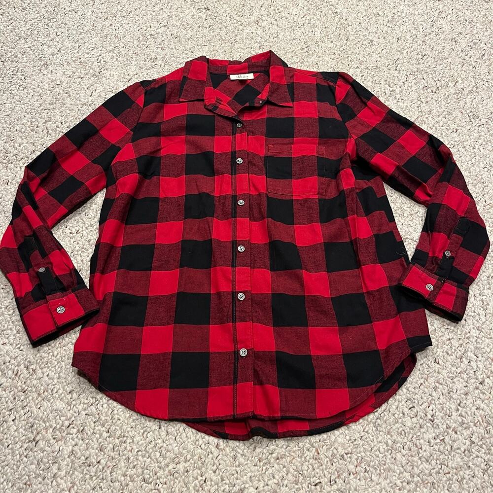 Style & Co Buffalo Plaid Long Sleeve Flannel Shirt L Button Front Fall Preppy